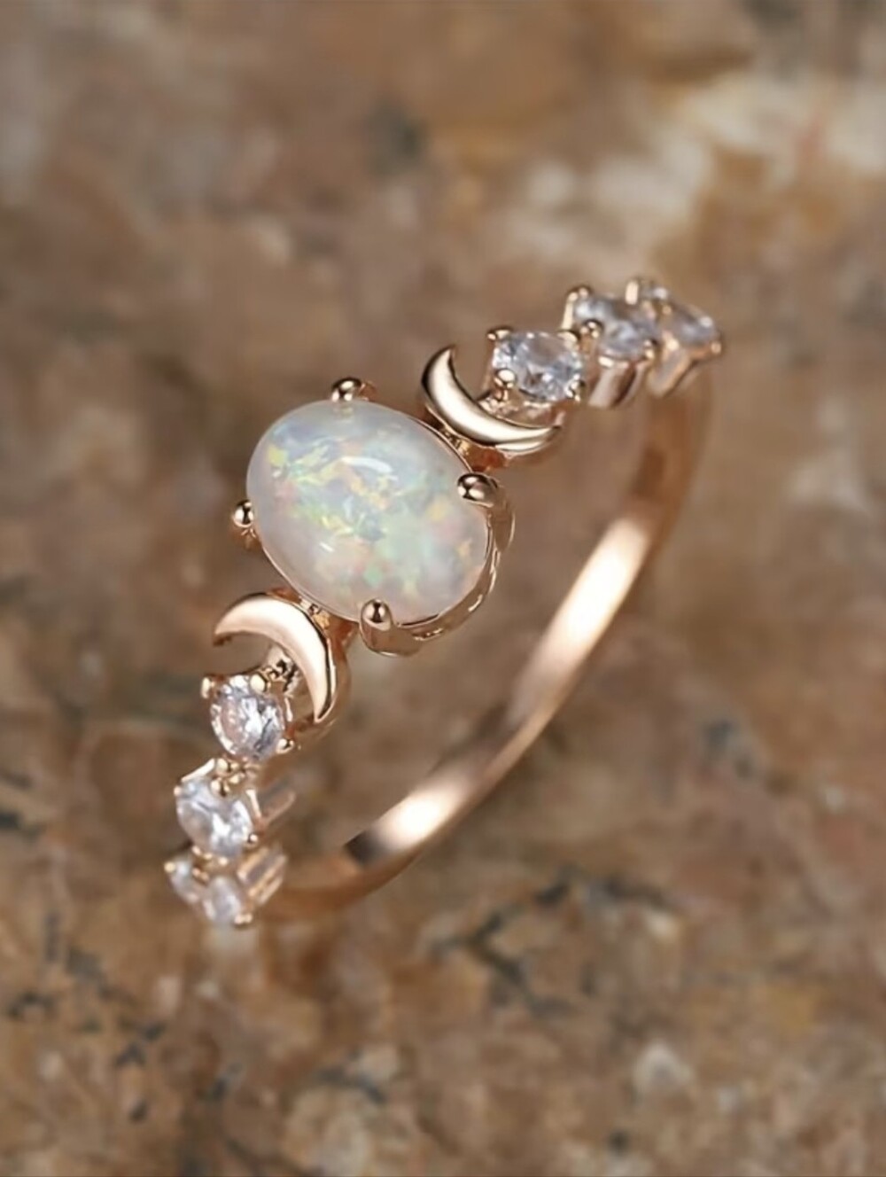 Fashion Jewelry Rose Gold Opal Moon Accent Ring